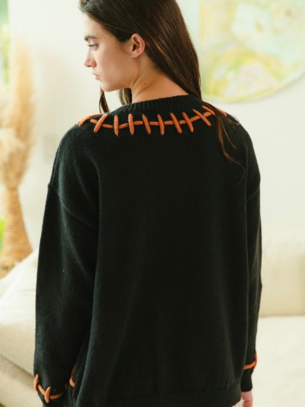 BiBi Black 'Spooky' Ghost Crewneck Sweater with Orange Stitching - Picture 2 of 4